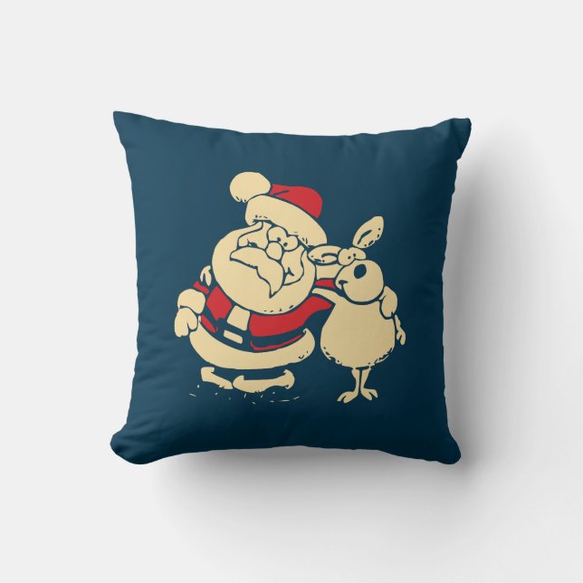 Retro Christmas Santa and his Reindeer Buddy Throw Pillow (Front)