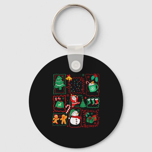 Retro Christmas Santa Claus Cocoa Xmas Tree Snowma Keychain (Front)
