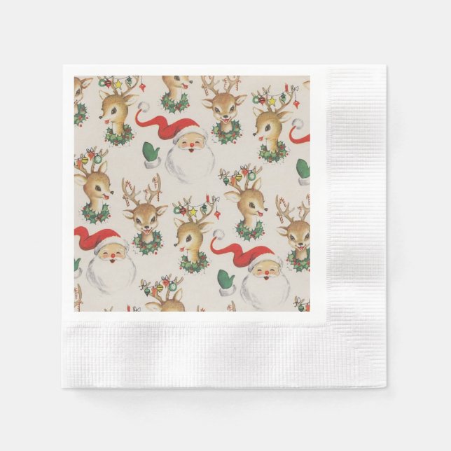 Retro Christmas Santa Claus, Reindeer Napkins (Front)