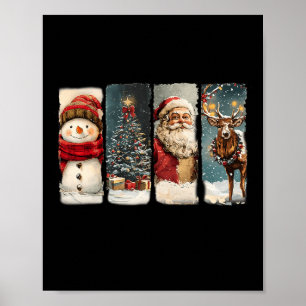 Retro Christmas Santa Claus Snowman Reindeer For W Poster