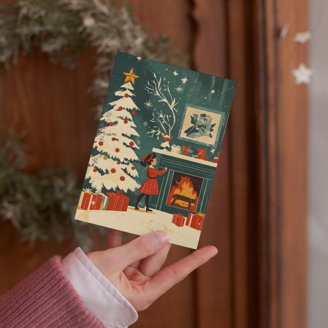 Retro Christmas Scene Fireplace Kid Holiday Card (Creator Uploaded)