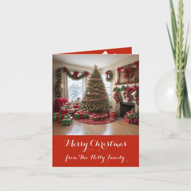 Retro Christmas Scene, Tree, Gifts, Card (Front)