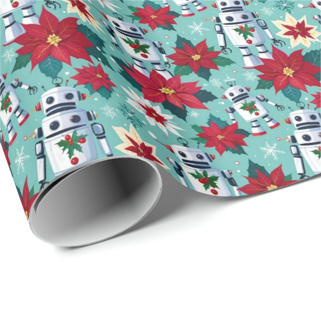 Retro Christmas Sci-Fi Robots and Poinsettias Wrapping Paper (Roll Corner)