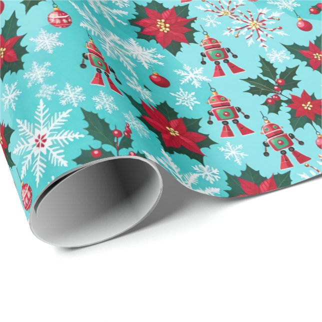 Retro Christmas Sci-Fi Robots Ornaments Blue  Wrapping Paper (Roll Corner)