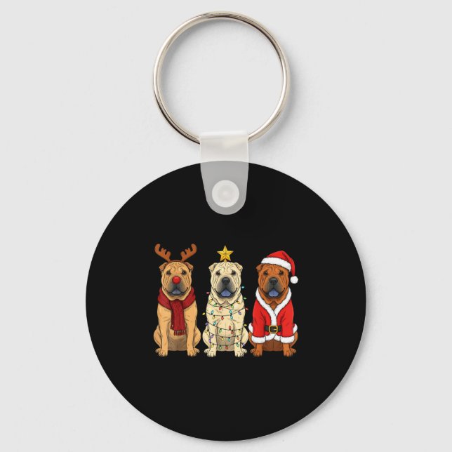 Retro Christmas Shar Pei Santa Reindeer Dog Lover  Keychain (Front)