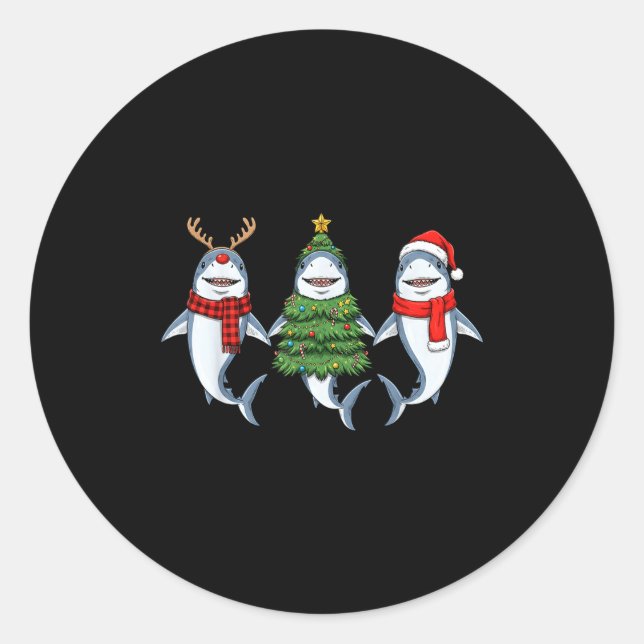 Retro Christmas Shark Santa Reindeer  Classic Round Sticker (Front)