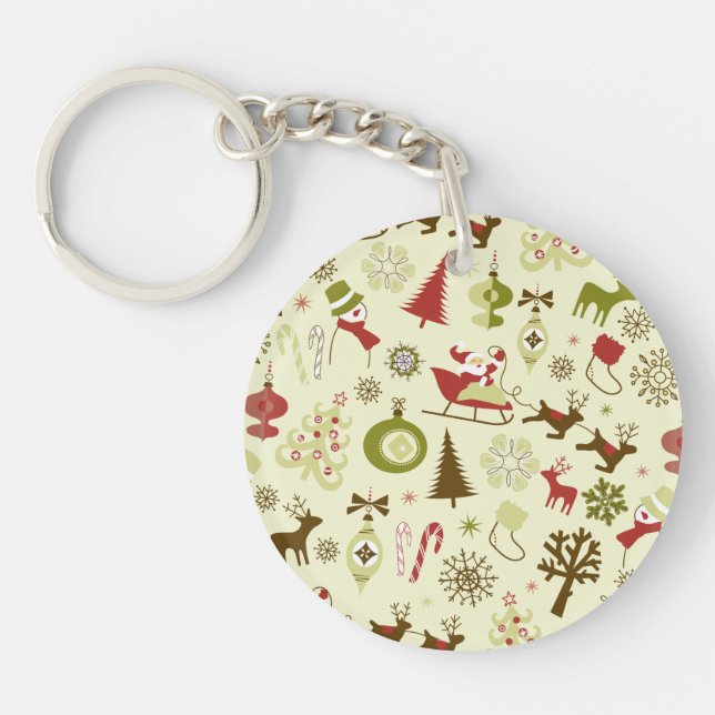 Retro Christmas Sketches Seamless Pattern Keychain (Front)