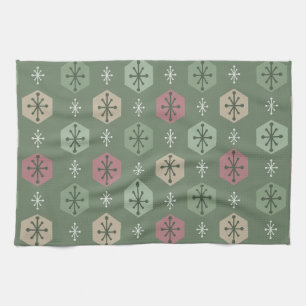 Retro Christmas Snowflakes Green Gold Kitchen Towel