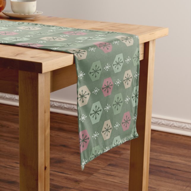 Retro Christmas Snowflakes Green Gold Short Table Runner (In Situ)