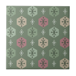 Retro Christmas Snowflakes Green Gold Tile