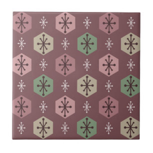 Retro Christmas Snowflakes Red Gold Tile