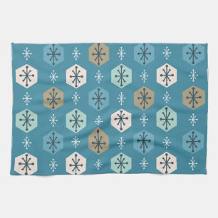 Retro Christmas Snowflakes Turquoise Gold Kitchen Towel