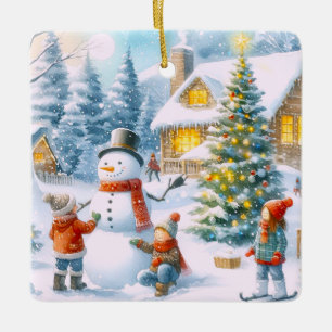 Retro Christmas Snowman  Ceramic Ornament