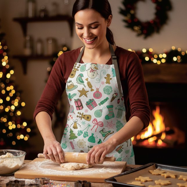 Retro Christmas Snowman Reindeer Doodles Apron (Creator Uploaded)