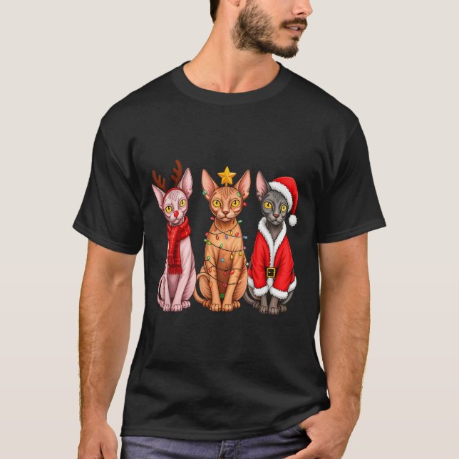 Retro Christmas Sphynx Cat Santa Reindeer  T-Shirt (Front)