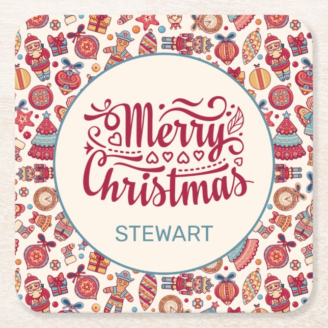 Retro Christmas Square Paper Coaster (Front)