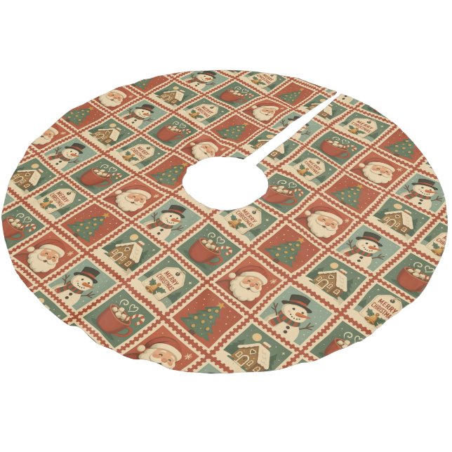 Retro Christmas Stamp Collage Brushed Polyester Tree Skirt (Angled)