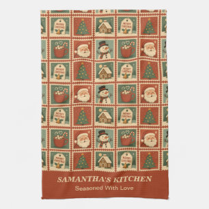 Retro Christmas Stamp Collage Kitchen Towel