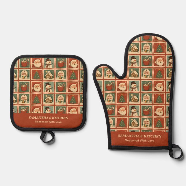 Retro Christmas Stamp Collage Oven Mitt & Pot Holder Set (Front)