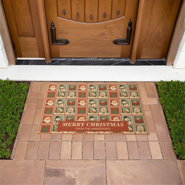 Retro Christmas Stamp Collage Personalized Doormat (Outdoor)