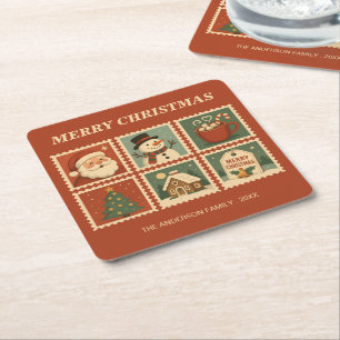 Retro Christmas Stamp Collage Square Paper Coaster