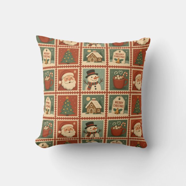 Retro Christmas Stamp Collage Throw Pillow (Front)