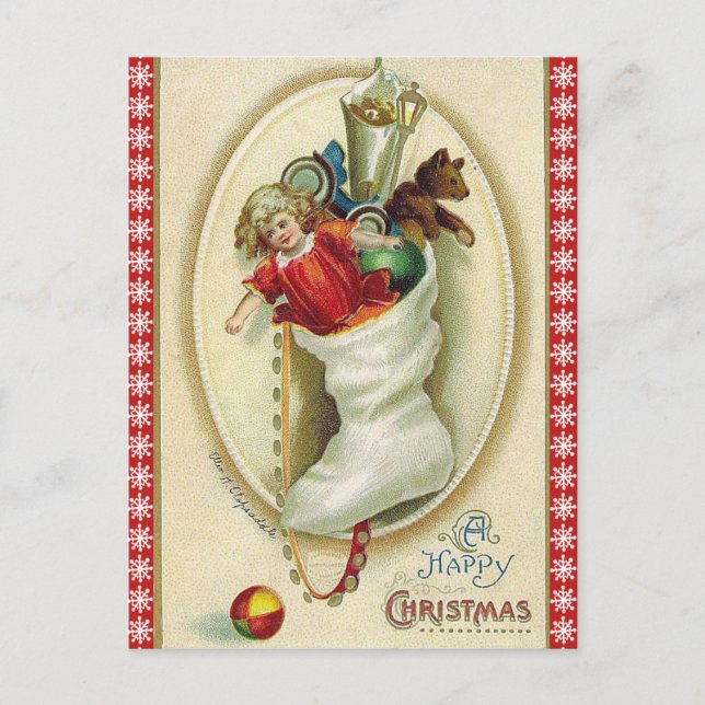 Retro Christmas Stocking with Toys Holiday Postcard (Front)