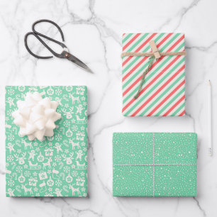 Retro Christmas Stripes, Polka Dots, Reindeer Wrapping Paper Sheet