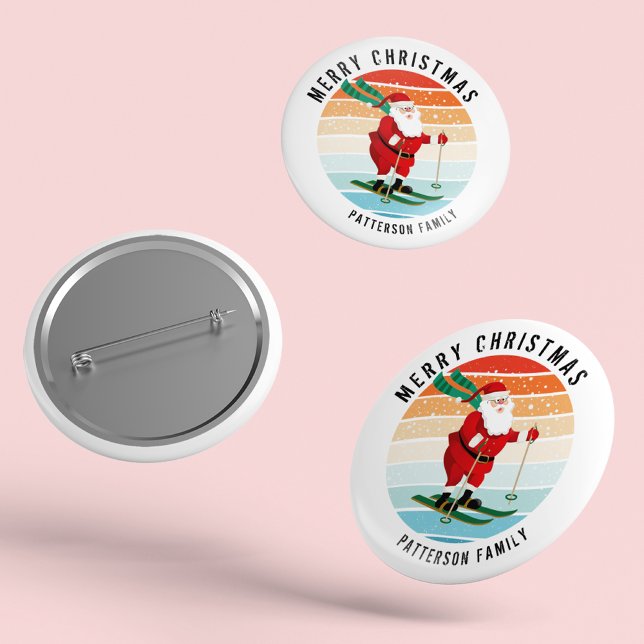 Retro Christmas Sunset Skiing Santa Personalized 1 Inch Round Button (Creator Uploaded)