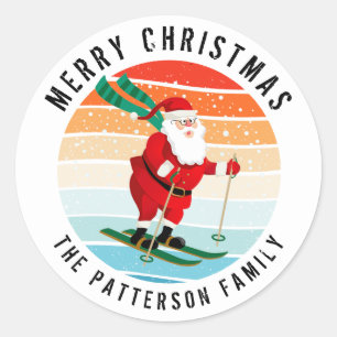 Retro Christmas Sunset Skiing Santa Personalized Classic Round Sticker
