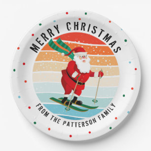 Retro Christmas Sunset Skiing Santa Personalized Paper Plate