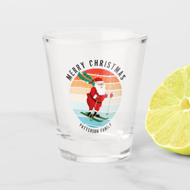 Retro Christmas Sunset Skiing Santa Personalized Shot Glass (Front)