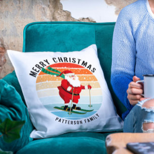 Retro Christmas Sunset Skiing Santa Personalized Throw Pillow