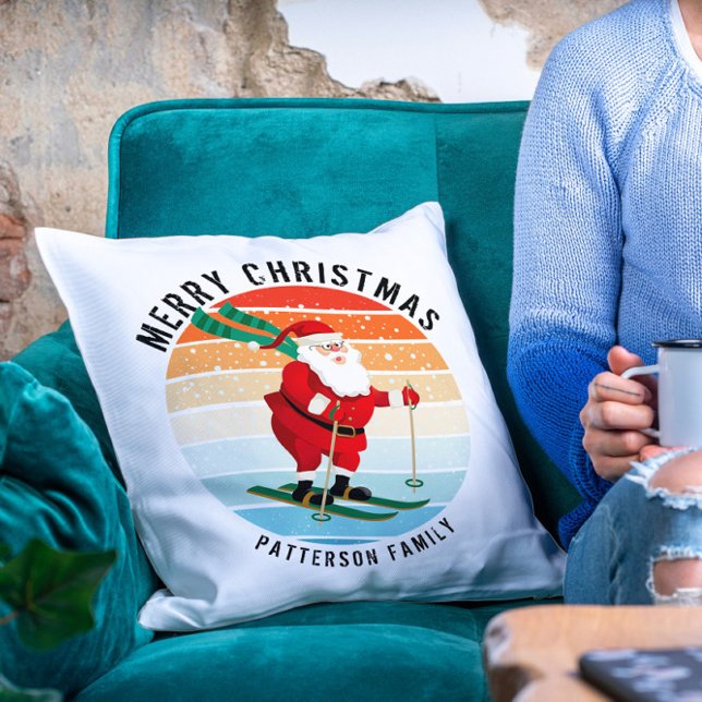 Retro Christmas Sunset Skiing Santa Personalized Throw Pillow (Creator Uploaded)
