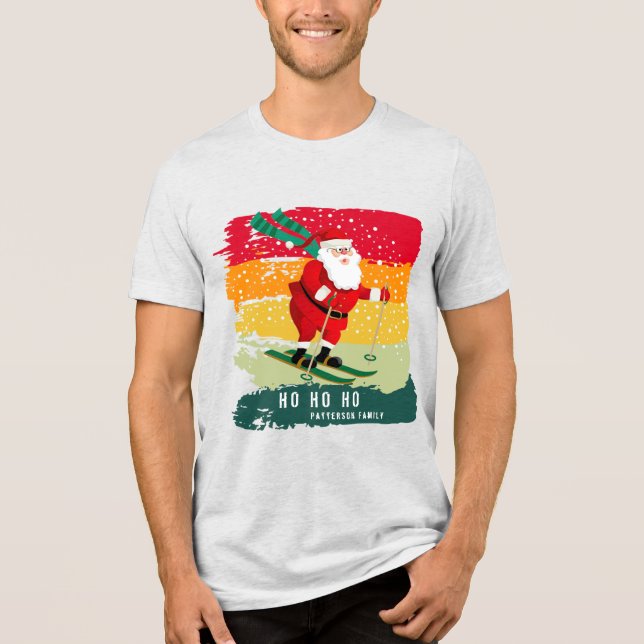 Retro Christmas Sunset Skiing Santa Personalized Tri-Blend Shirt (Front)