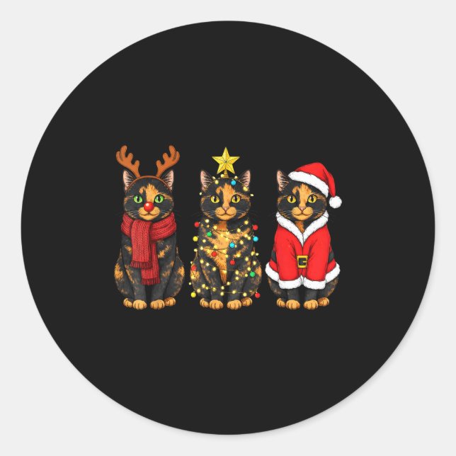 Retro Christmas Tortoiseshell Cat Santa Reindeer  Classic Round Sticker (Front)