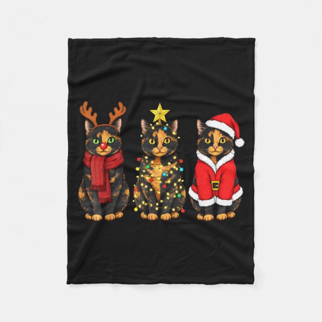 Retro Christmas Tortoiseshell Cat Santa Reindeer  Fleece Blanket (Front)