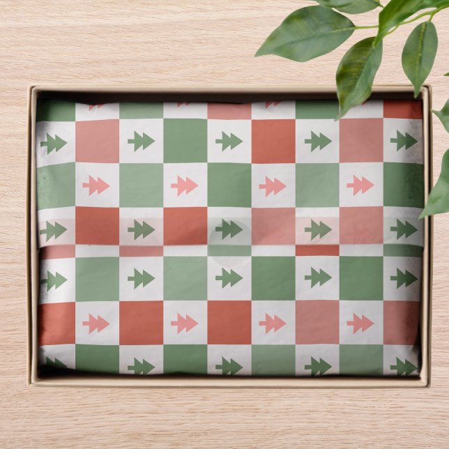 Retro Christmas Tree Chequerboard Holiday Pattern Tissue Paper (Creator Uploaded)