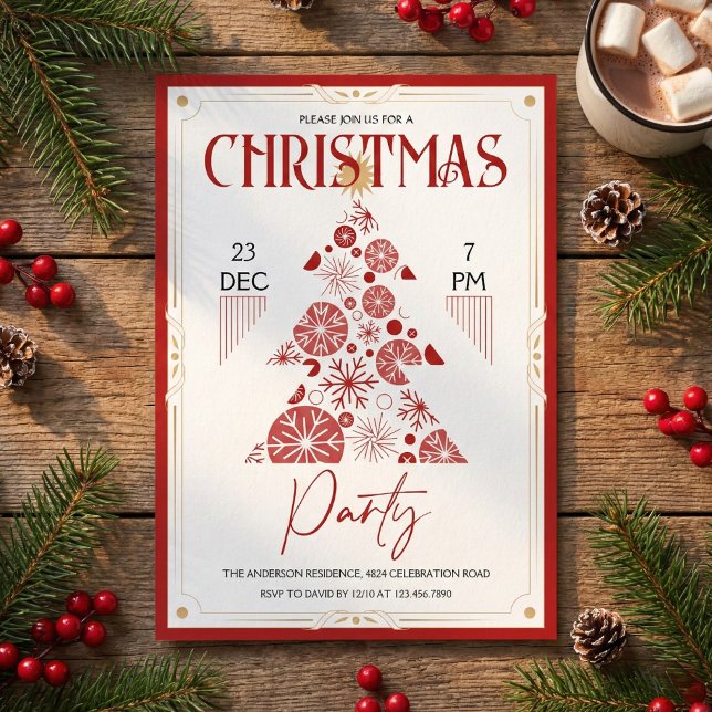 Retro Christmas Tree Elegant Red Christmas Party Invitation (Red and gold Christmas party design featuring a cream center with a geometric snowflake tree)