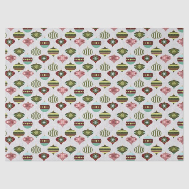 Retro Christmas Tree Ornaments on White Decoupage Tissue Paper (Front)