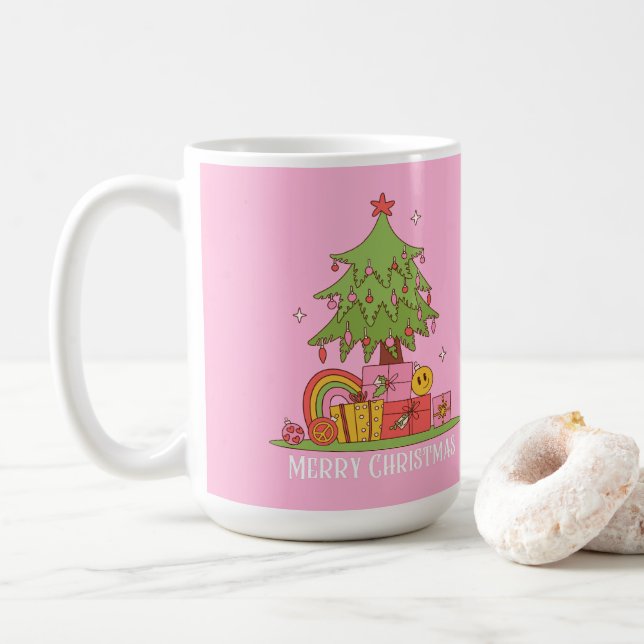 Retro Christmas Tree Pink Coffee Mug (With Donut)