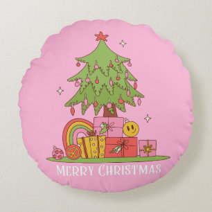Retro Christmas Tree Pink Round Pillow