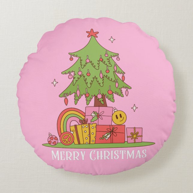 Retro Christmas Tree Pink Round Pillow (Front)