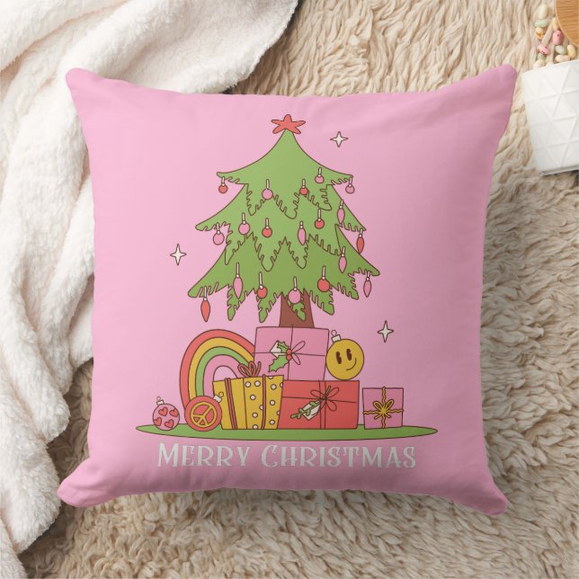 Retro Christmas Tree Pink Throw Pillow (Blanket)