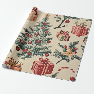 Retro Christmas Tree Red Green Cream Holiday Wrapping Paper