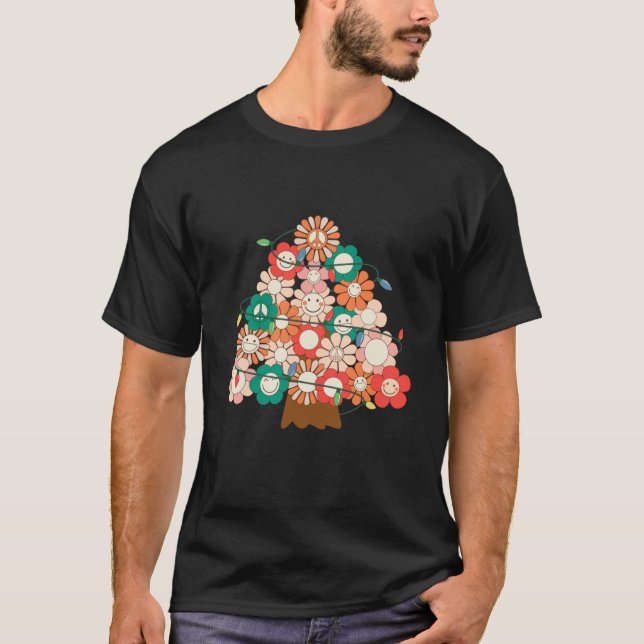 Retro Christmas Tree Smile Face Flower Xmas Light  T-Shirt (Front)