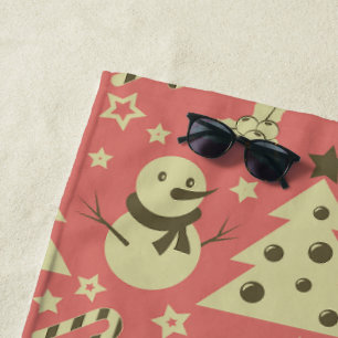 Retro Christmas trees holly berry star candy cane  Beach Towel