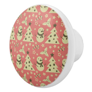 Retro Christmas trees holly berry star candy cane Ceramic Knob