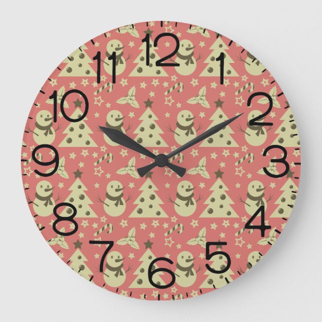 Retro Christmas trees holly berry star candy cane  Large Clock (Front)