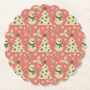 Retro Christmas trees holly berry star candy cane Paper Coaster